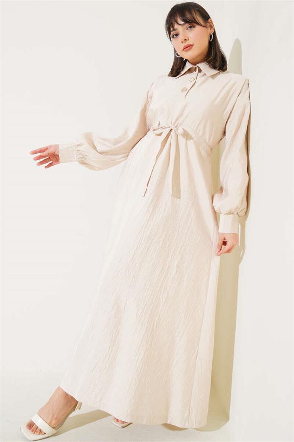Crinkle Texture Half Button Dress Beige