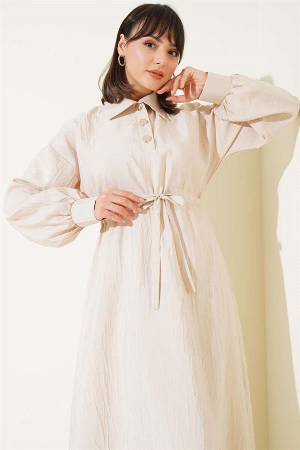 Crinkle Texture Half Button Dress Beige