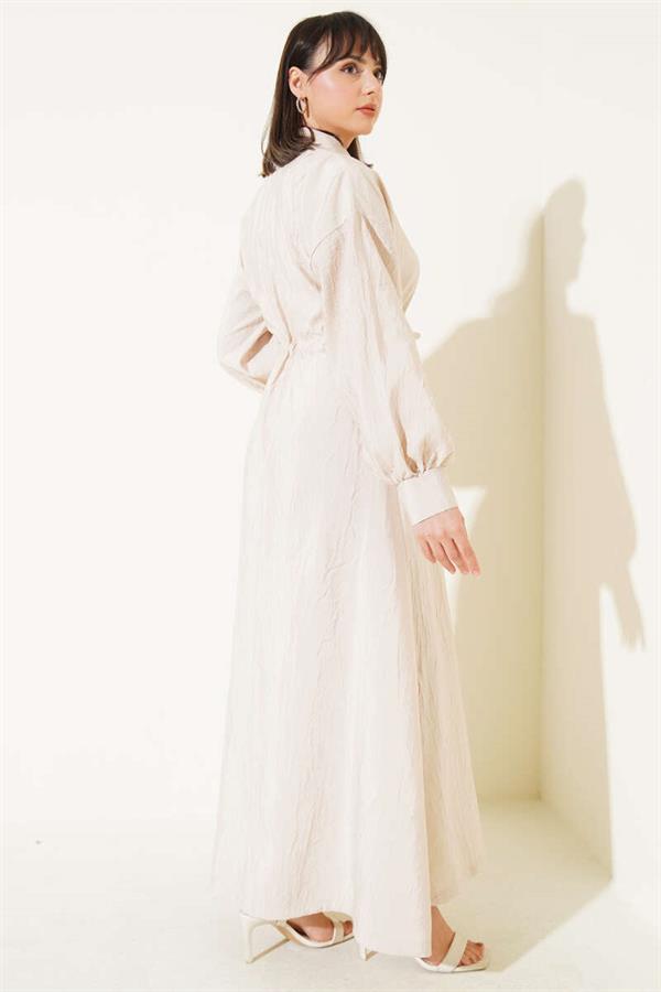 Crinkle Texture Half Button Dress Beige