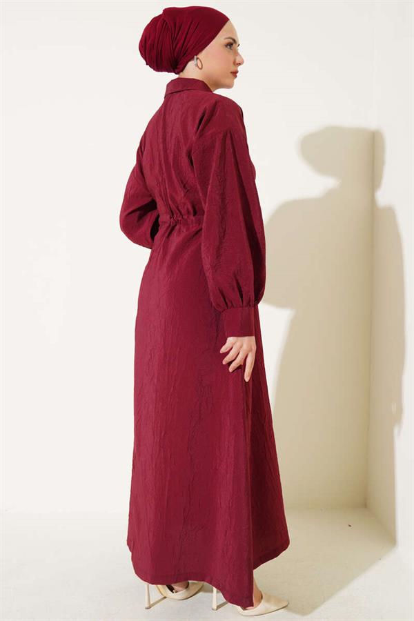 Crinkle Texture Half Button Dress Burgundy