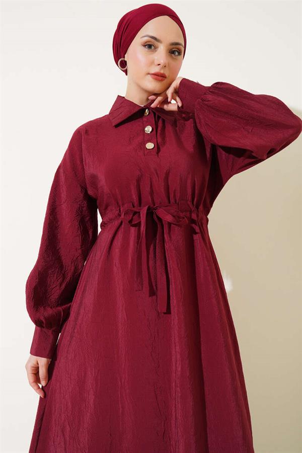 Crinkle Texture Half Button Dress Burgundy