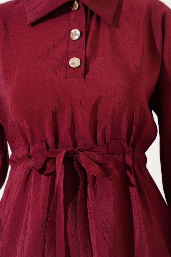 Crinkle Texture Half Button Dress Burgundy