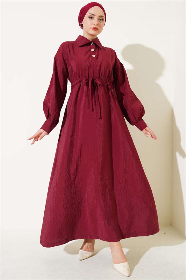 Crinkle Texture Half Button Dress Burgundy