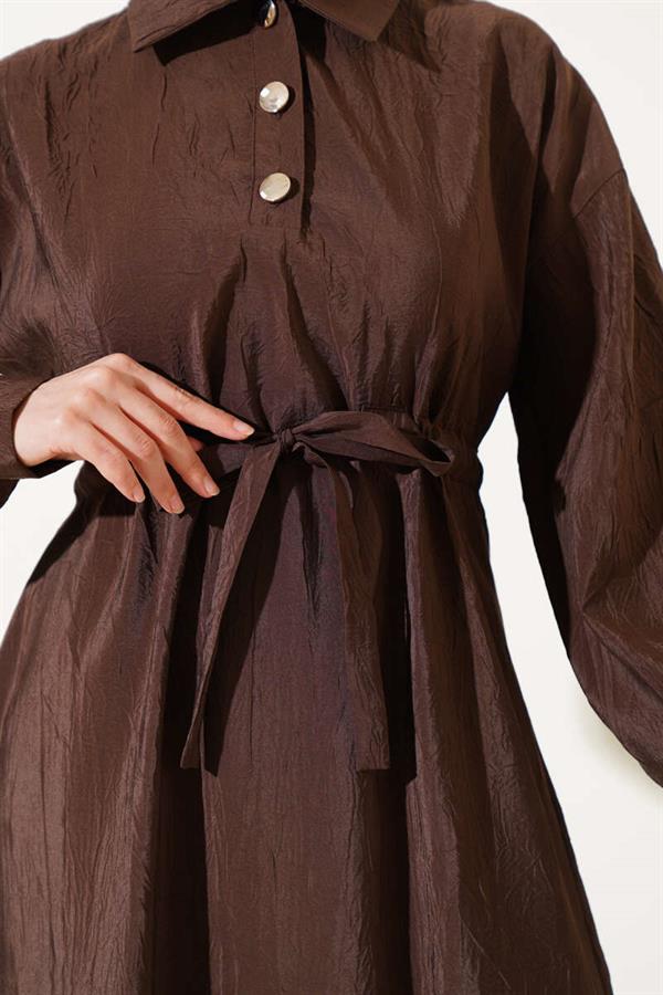 Crinkle Texture Half Button Dress Brown
