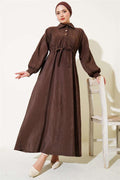 Crinkle Texture Half Button Dress Brown