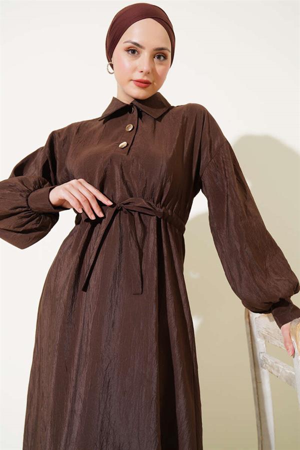 Crinkle Texture Half Button Dress Brown