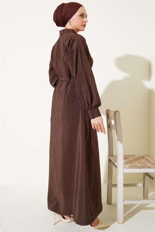 Crinkle Texture Half Button Dress Brown