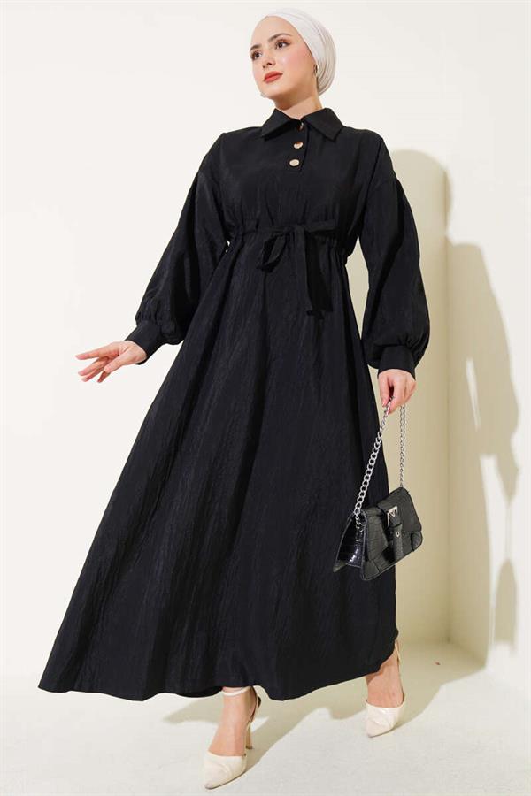 Crinkle Texture Half Button Dress Black