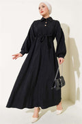 Crinkle Texture Half Button Dress Black