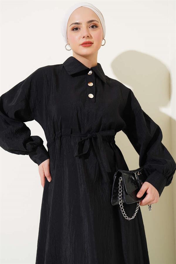 Crinkle Texture Half Button Dress Black