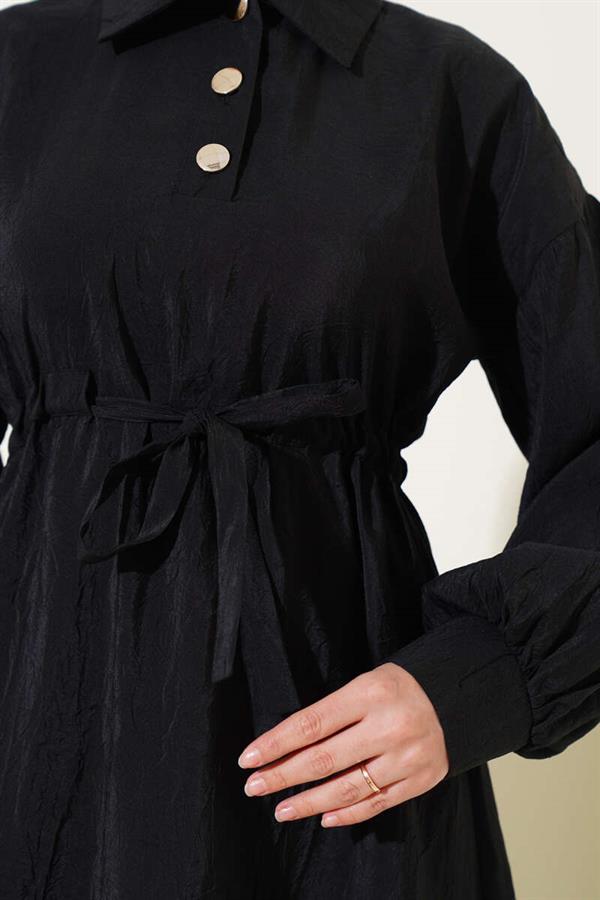 Crinkle Texture Half Button Dress Black