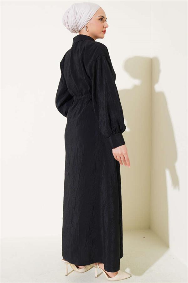 Crinkle Texture Half Button Dress Black