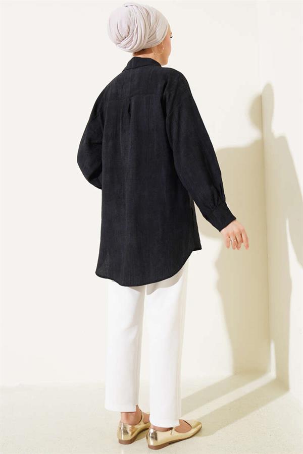Wrinkled Textured Basic Shirt Black