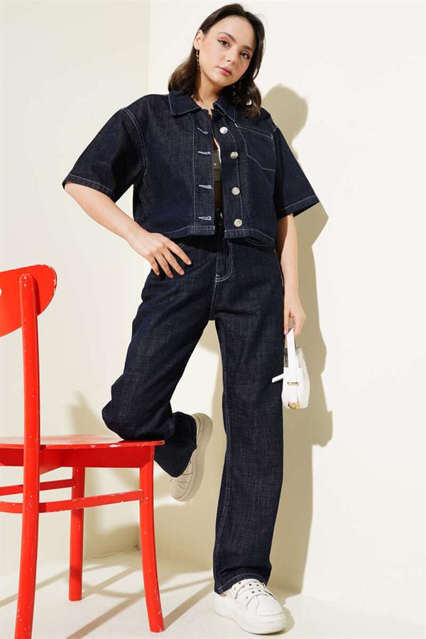 Short Sleeve Jacket Denim 2 Piece Set Dark Navy Blue