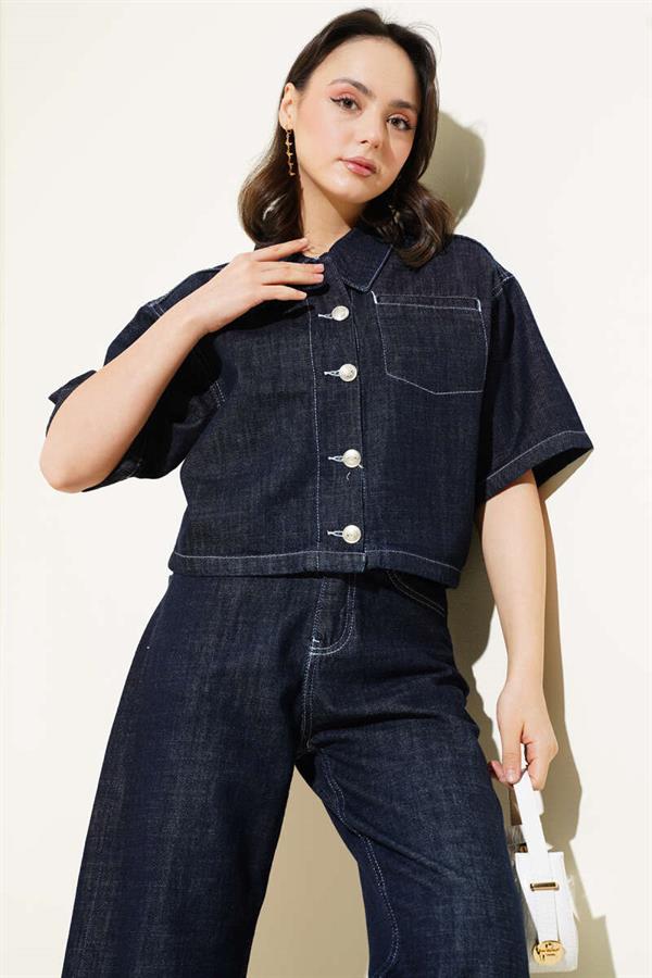 Short Sleeve Jacket Denim 2 Piece Set Dark Navy Blue