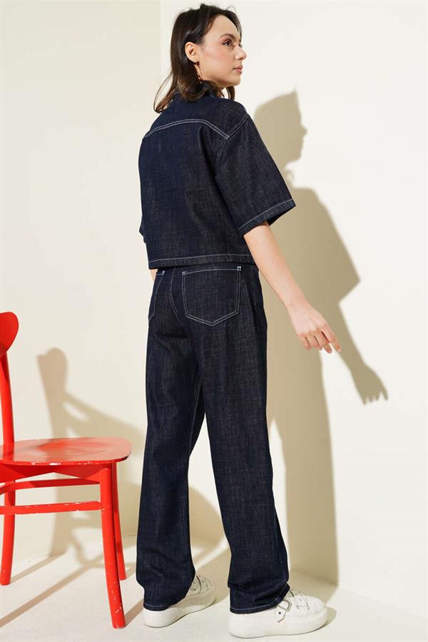 Short Sleeve Jacket Denim 2 Piece Set Dark Navy Blue