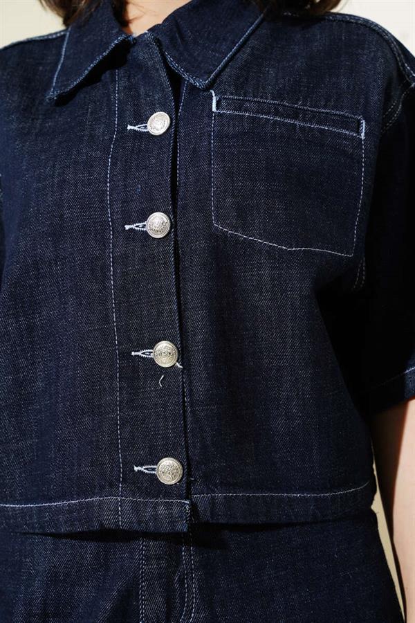 Short Sleeve Jacket Denim 2 Piece Set Dark Navy Blue