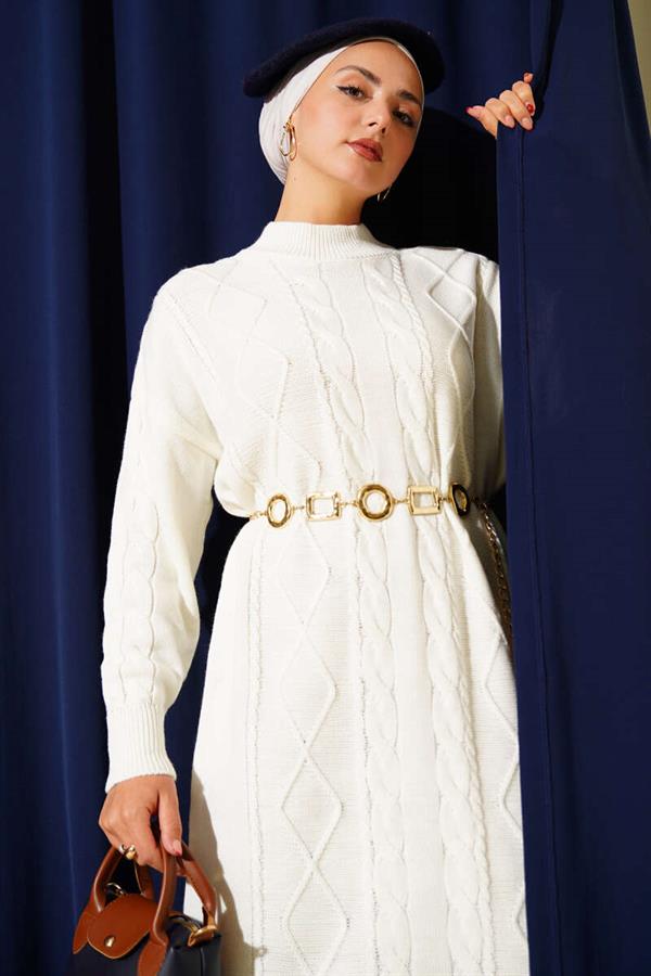 Curly Knitted Sweater Dress in Ecru