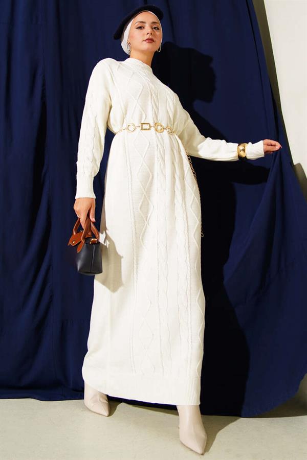 Curly Knitted Sweater Dress in Ecru