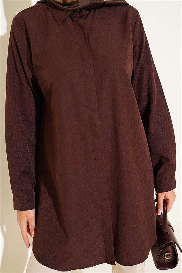 Classic Collar Oval Cut Brown Shirt