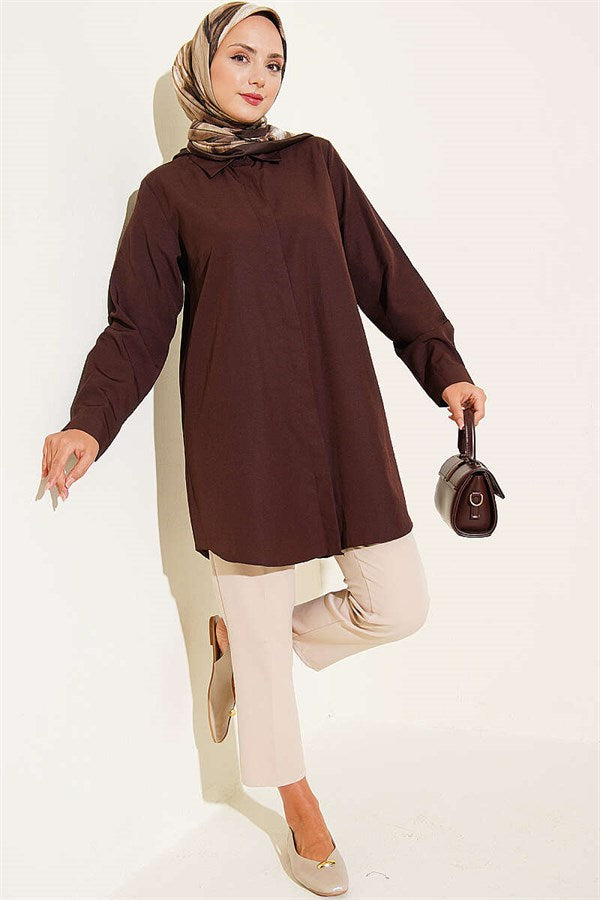 Classic Collar Oval Cut Brown Shirt