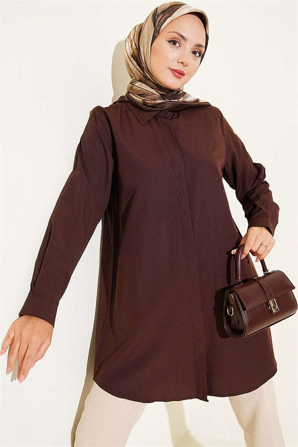 Classic Collar Oval Cut Brown Shirt