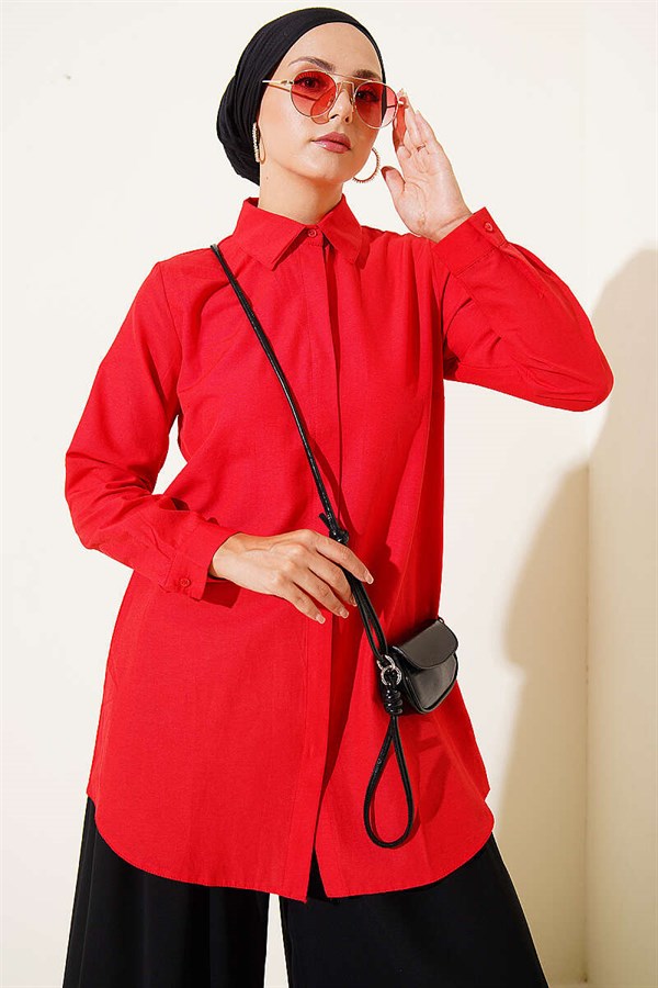 Classic Collar Oval Cut Red Shirt