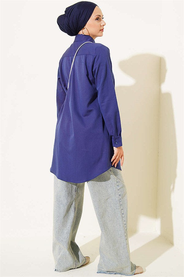 Classic Collar Oval Cut Navy Shirt