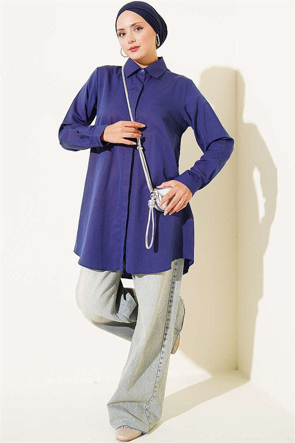 Classic Collar Oval Cut Navy Shirt