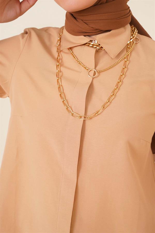 Classic Collar Oval Cut Latte Shirt