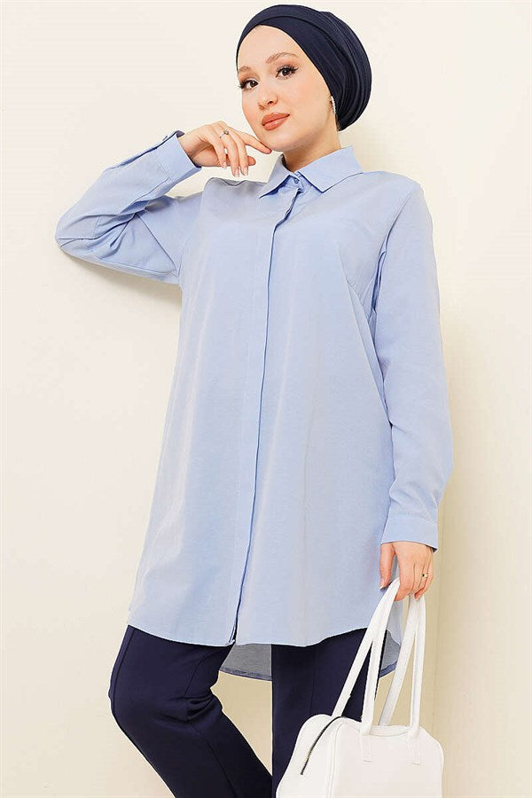 Classic Collar Oval Cut Blue Shirt