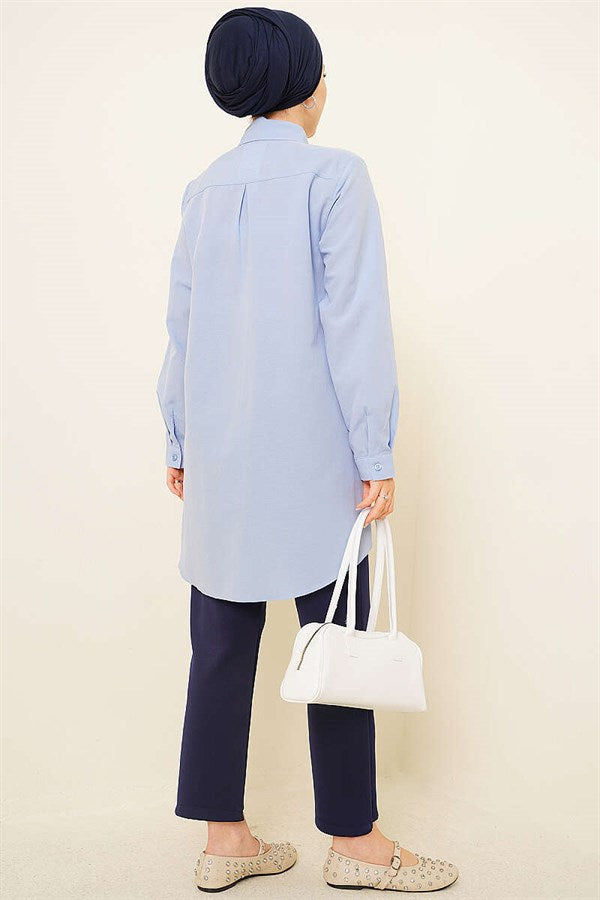 Classic Collar Oval Cut Blue Shirt