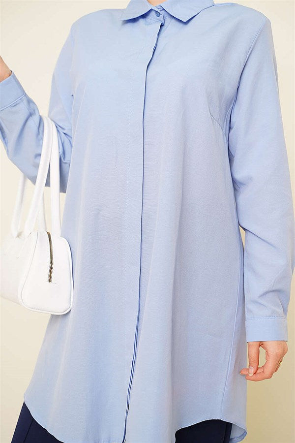 Classic Collar Oval Cut Blue Shirt