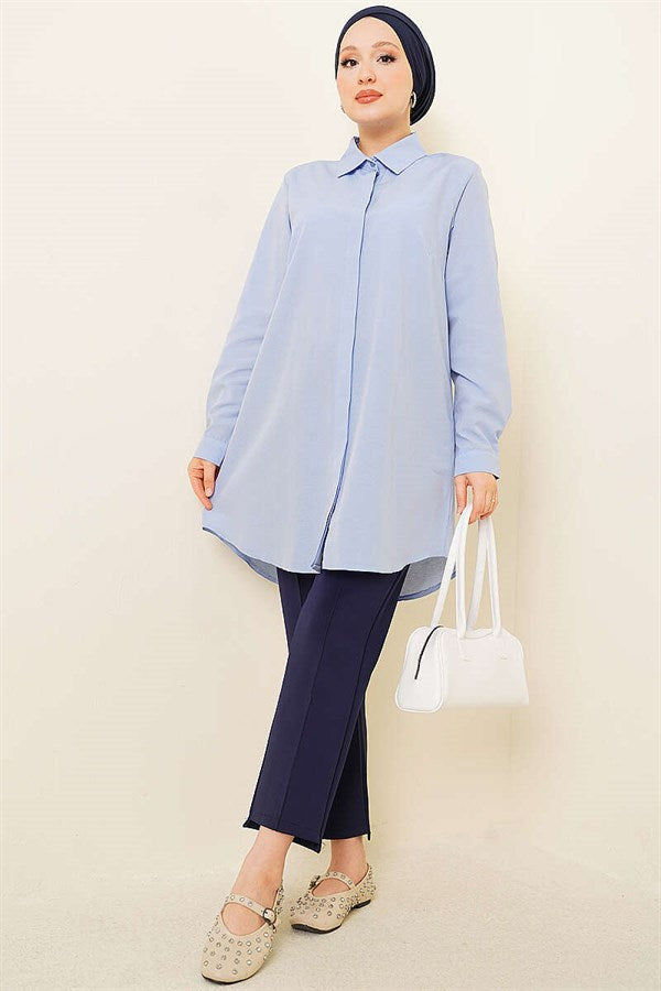 Classic Collar Oval Cut Blue Shirt