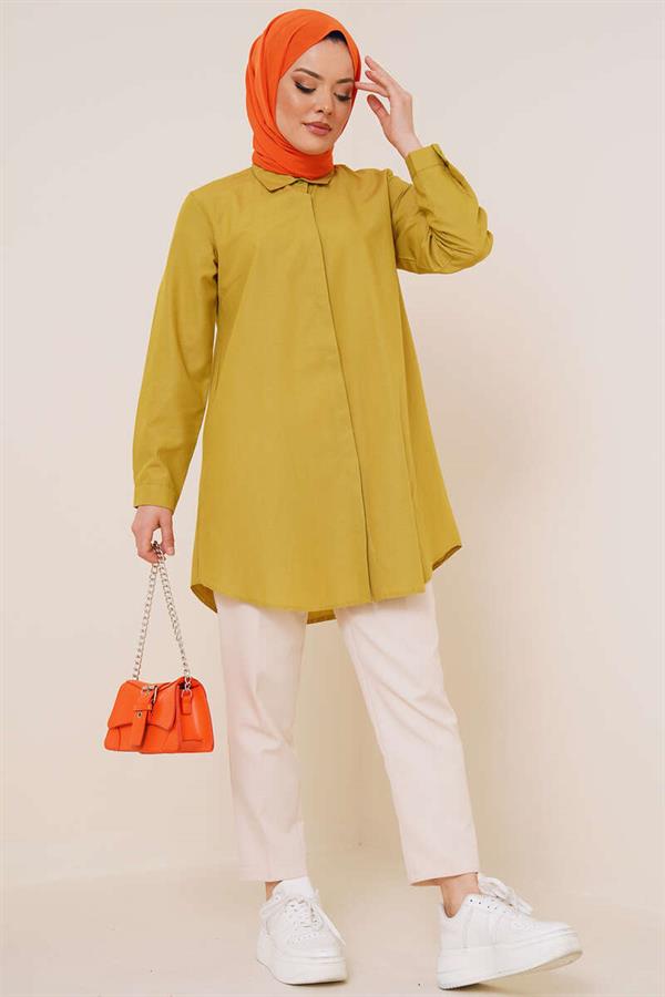 Classic Collar Oval Cut Oil Green Shirt
