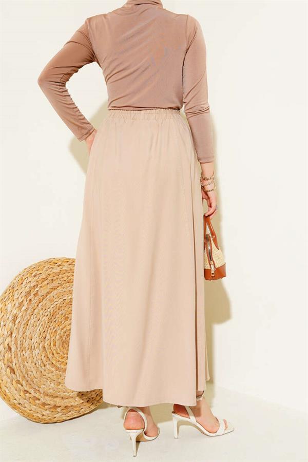 Flared Elastic Waist Pocket Tencel Skirt Latte