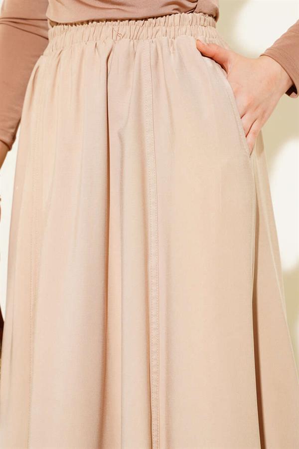 Flared Elastic Waist Pocket Tencel Skirt Latte