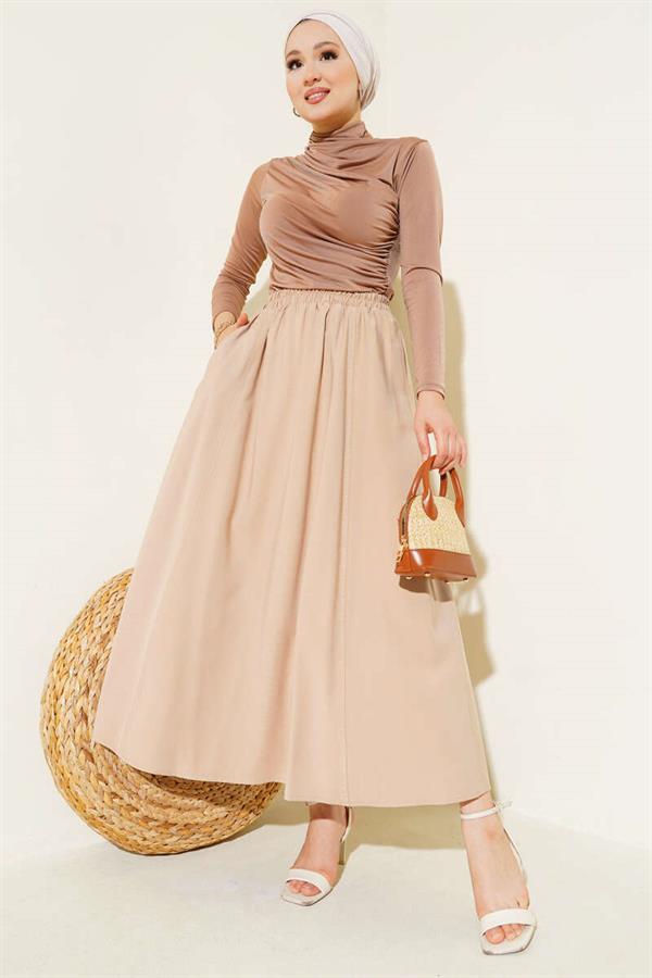 Flared Elastic Waist Pocket Tencel Skirt Latte