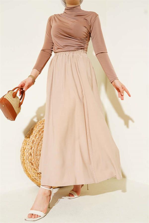 Flared Elastic Waist Pocket Tencel Skirt Latte