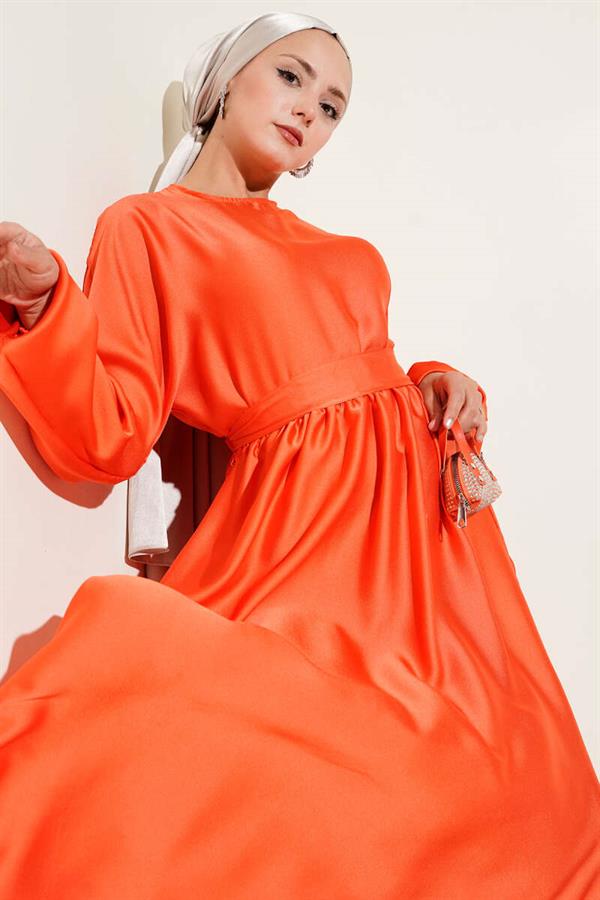 Orange Flared Elastic Waist Dress