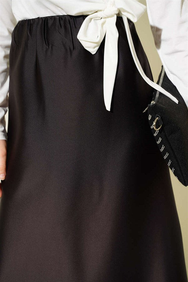 Flared Satin Skirt with Elastic Waistband, Dark Brown