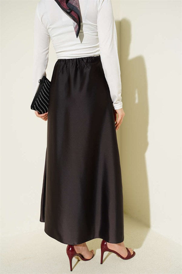 Flared Satin Skirt with Elastic Waistband, Dark Brown