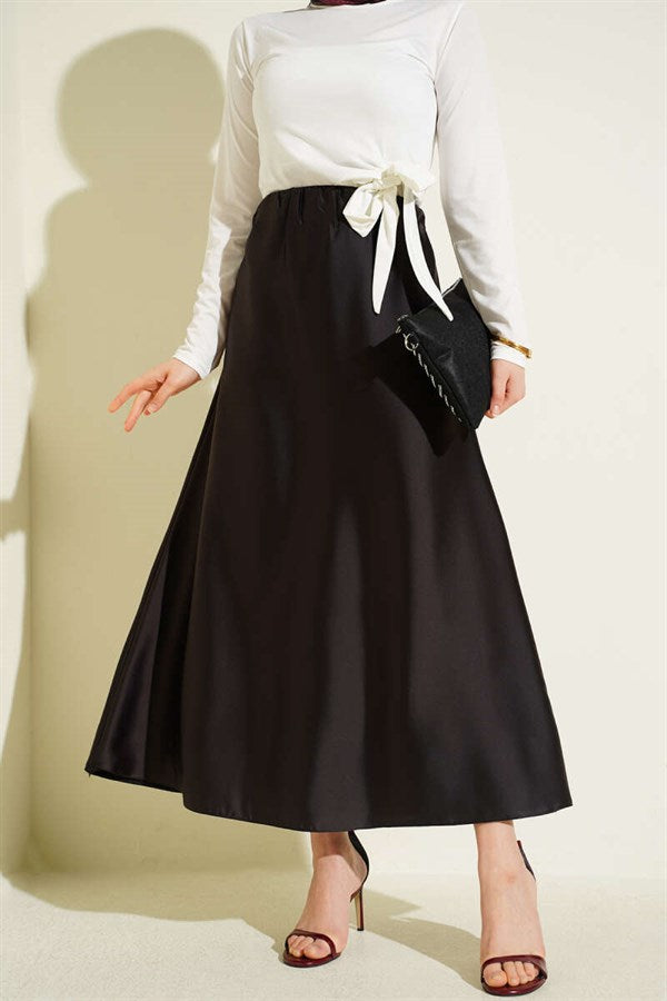 Flared Satin Skirt with Elastic Waistband, Dark Brown