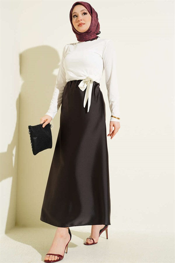 Flared Satin Skirt with Elastic Waistband, Dark Brown