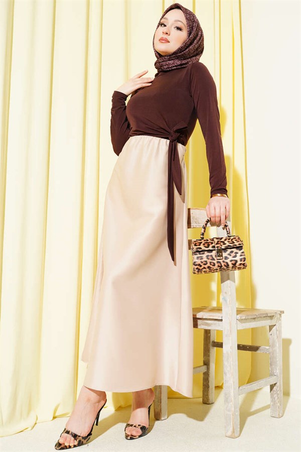 Flared Satin Skirt with Elastic Waistband, Beige