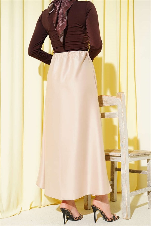 Flared Satin Skirt with Elastic Waistband, Beige