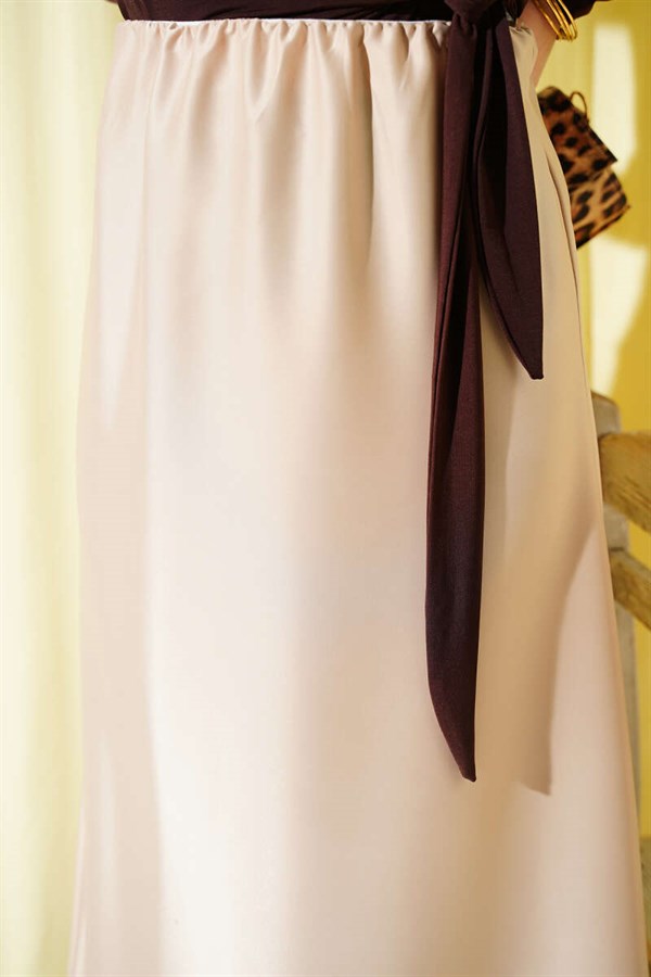 Flared Satin Skirt with Elastic Waistband, Beige