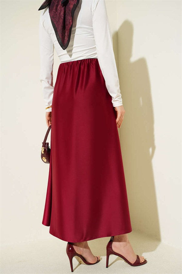Flared Satin Skirt with Elastic Waistband, Burgundy