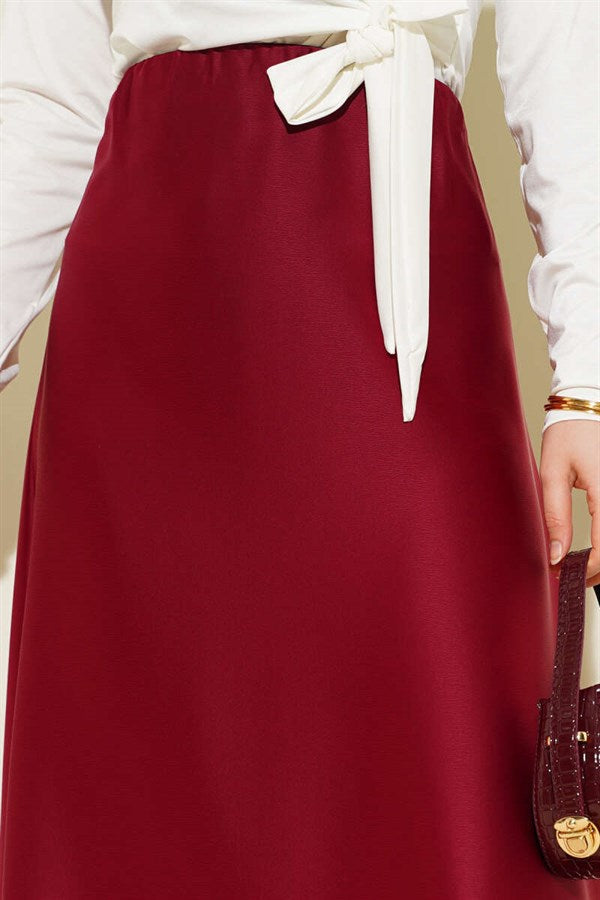 Flared Satin Skirt with Elastic Waistband, Burgundy