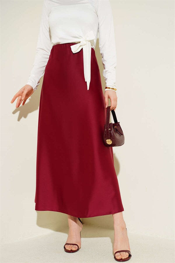 Flared Satin Skirt with Elastic Waistband, Burgundy